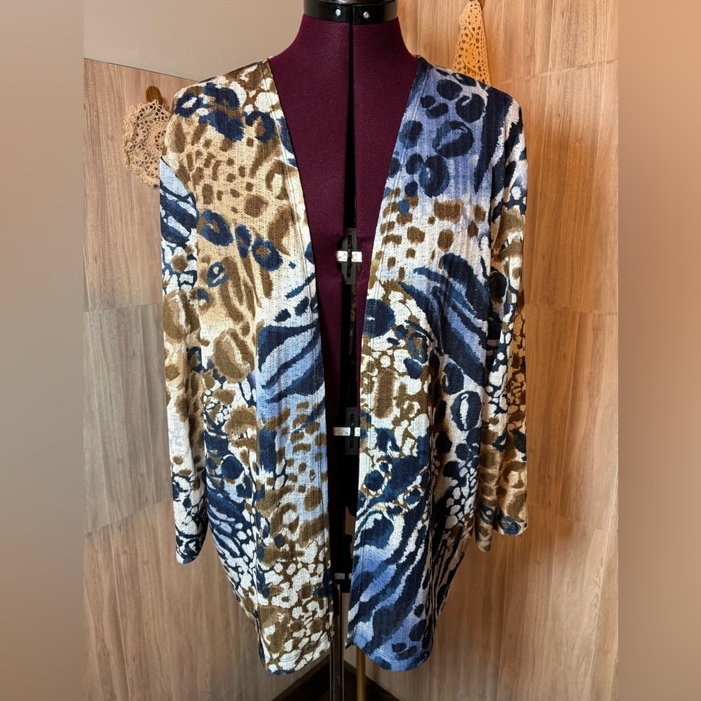 Alfred Dunner Blue and Brown Animal Print Cardigan